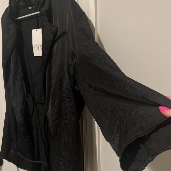Zara NWT Medium Large Crinkle Kimono Mini Robe Sleepwear Wrap Pajama Black - Picture 2 of 11